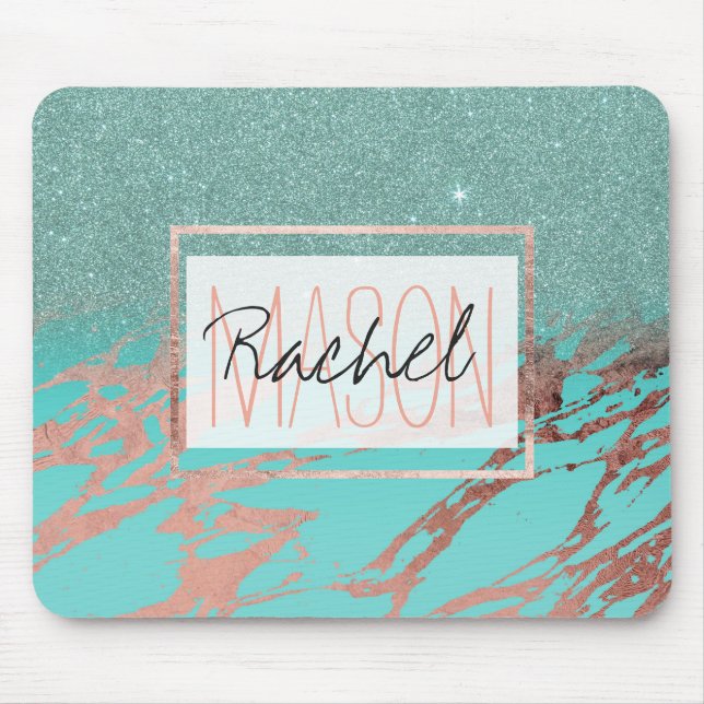 Aqua Teal Ro Guld Glitter Marble Ombre Monogram Musmatta (Framsidan)