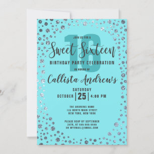 Aqua Teal Silver Glitter Confetti Gräns Sweet 16 Inbjudningar