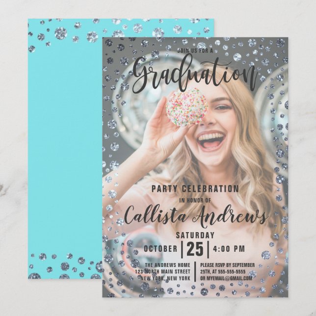 Aqua Teal Silver Glitter Confetti Photo Studenten Inbjudningar (Fram/baksida)