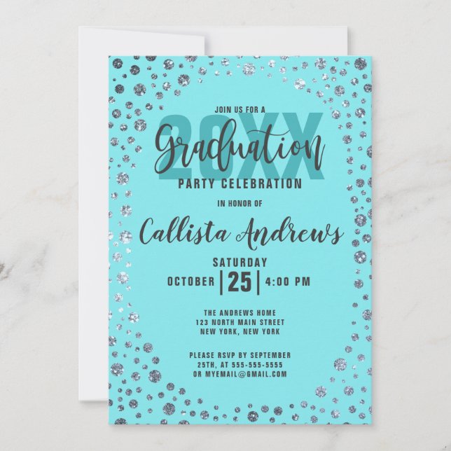 Aqua Teal Silver Glitter Confetti Studenten Inbjudningar (Framsida)