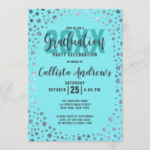 Aqua Teal Silver Glitter Confetti Studenten Inbjudningar