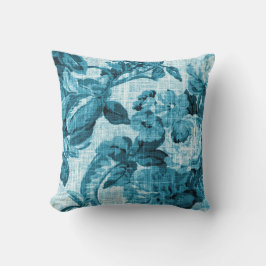 Aqua Teal Turcos Blue Blommigt Toile Fabric No. 5 Kudde