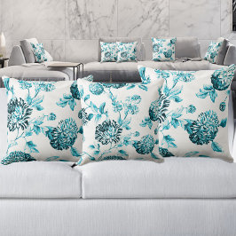 Aqua Teal Turcos Botanical Blommigt Toile No.2 Kudde