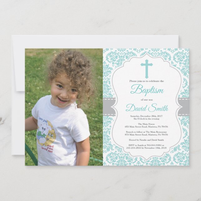 Aqua Teal Turcos Damask Kor Baptism Inbjudningar (Framsida)