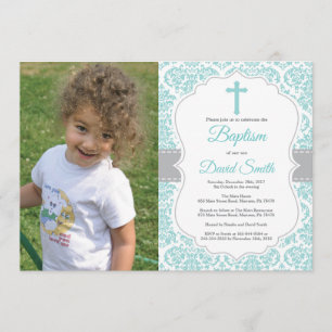 Aqua Teal Turcos Damask Kor Baptism Inbjudningar