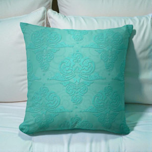Aqua Teal Vintage Grunge Damask Mönster Kudde