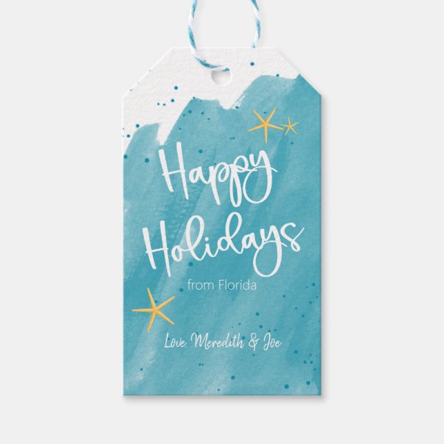 Aqua Teal Watercolor Beach Glad helg Presentetikett (Framsidan)