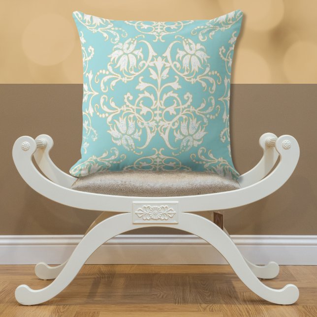 Aqua Teal White Guld Damask Pillow Kudde (Skapare uppladdad)