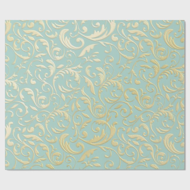 Aqua & Teal Xmas Wrapping Paper with Gold Accents Presentpapper (Platt)