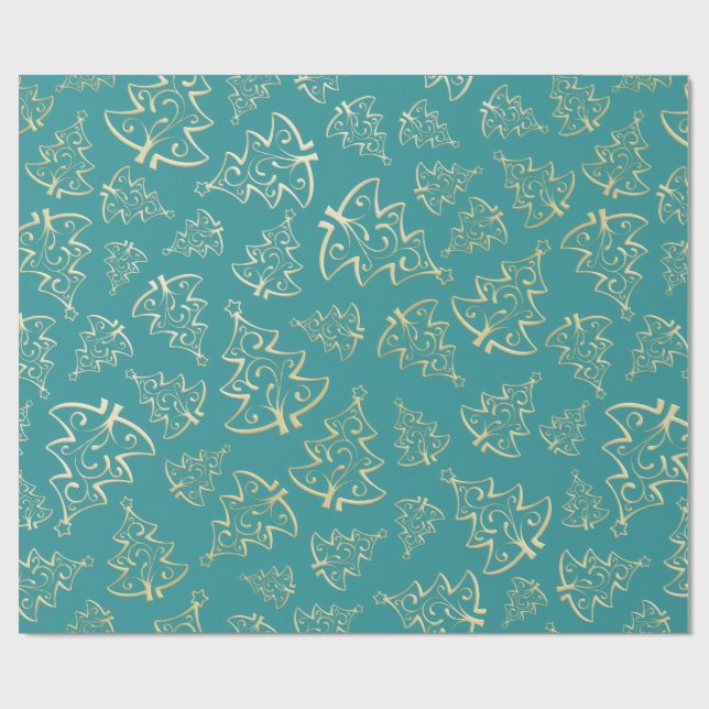  Aqua & Teal Xmas Wrapping Paper with Gold Accents Presentpapper (Platt)