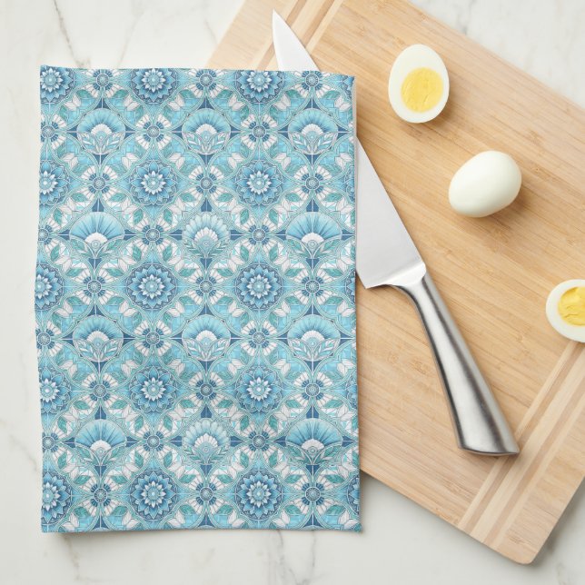 Aqua, Teals, Blått & Vit Art Deco Kust  Kökshandduk (Vikt i Fjärdedel)