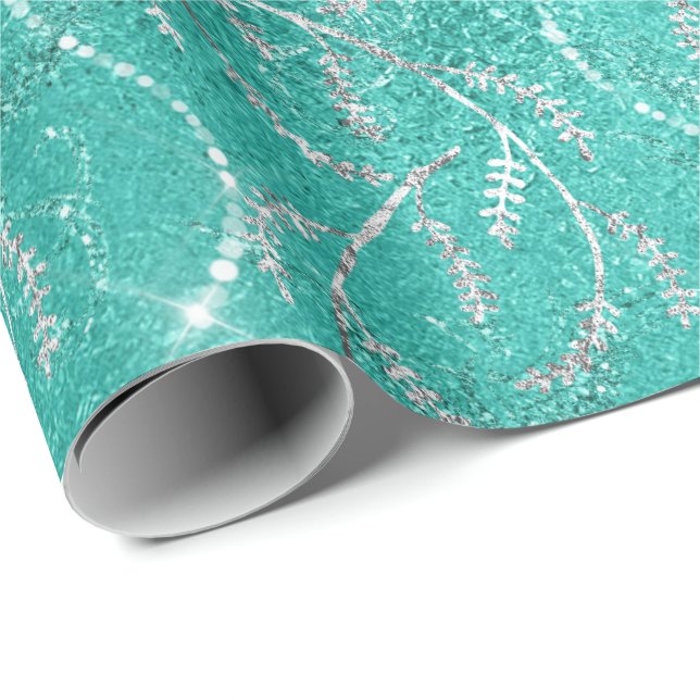 Aqua Tiffany Mint Laurel Blommigt Silver Diamonds Presentpapper (Rullad Hörn)