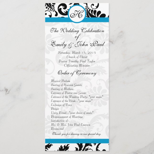 Aqua Trim Black Damask Wedding Program (Framsida)