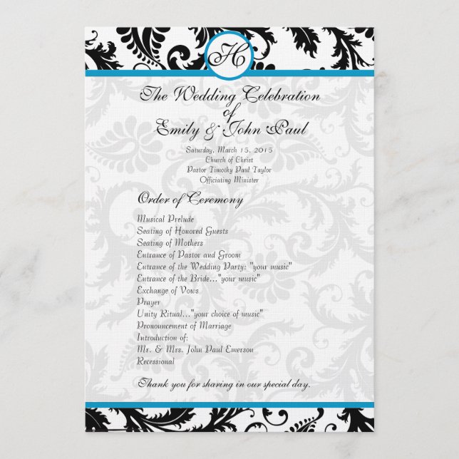 Aqua Trim Black Damask Wedding Program (Framsida)