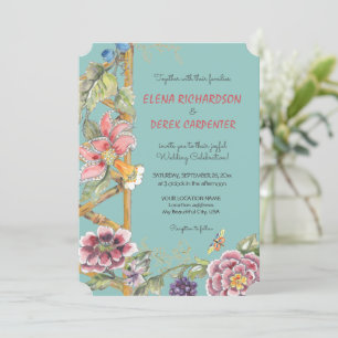 Aqua Tropisk Blommig Orientalisk Chinoiserie Bröll Inbjudningar