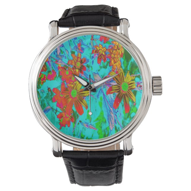 Aqua Tropisk med gula och orange blommor Armbandsur (Framsida)