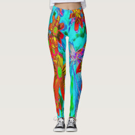 Aqua Tropisk med gula och orange blommor Leggings