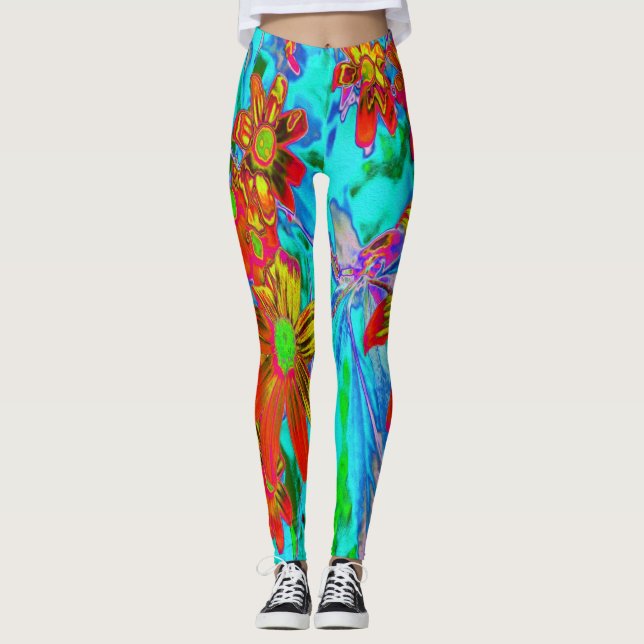 Aqua Tropisk med gula och orange blommor Leggings (Framsida)