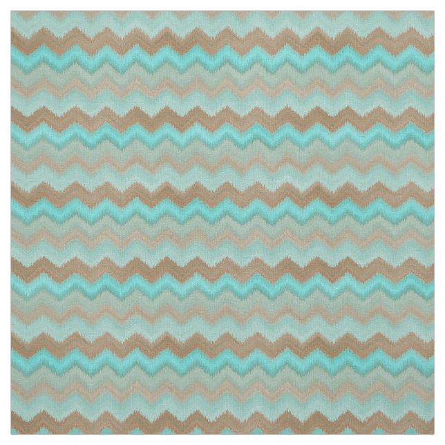Aqua Turcos Blue Brown Ikat Zigzag Mönster Tyg (Provkarta)