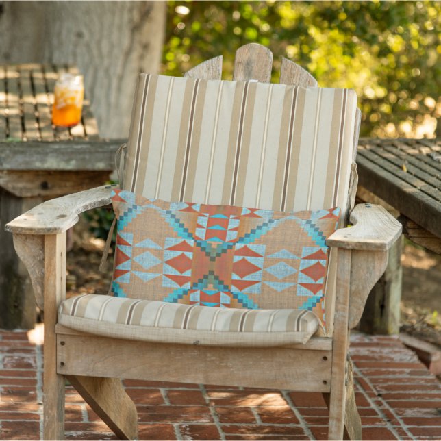 Aqua Turcos Blue Orange Brown Tribal Mönster Lumbarkudde (Stol)