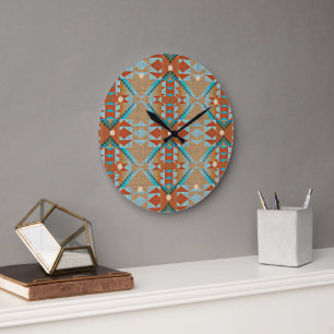 Aqua Turcos Blue Orange Brown Tribal Mönster Stor Klocka