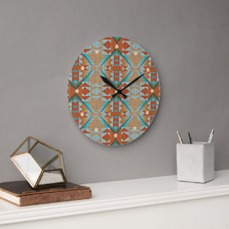 Aqua Turcos Blue Orange Brown Tribal Mönster Stor Klocka