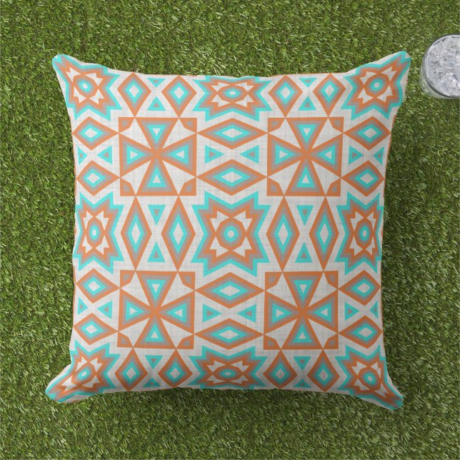 Aqua Turcos Blue Orange White Tribal Art Kudde (Gräs)