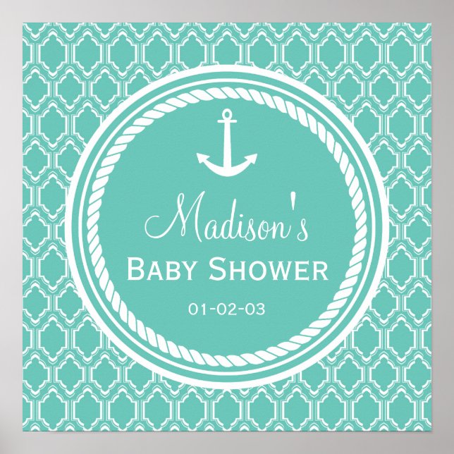 Aqua Turcos Retro Nautical Anchor Baby Shower Poster (Framsidan)
