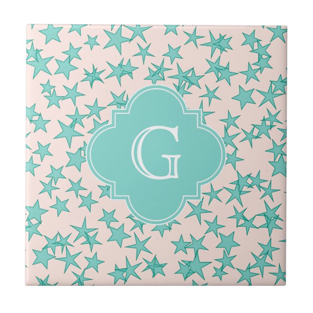 Aqua Turcos Stars White Background Monogram Kakelplatta (Framsidan)