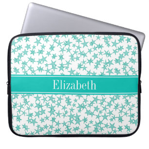 Aqua Turcos Stars White BG, Teal Namn Monogram Laptop Fodral