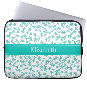 Aqua Turcos Stars White BG, Teal Namn Monogram Laptop Sleeve