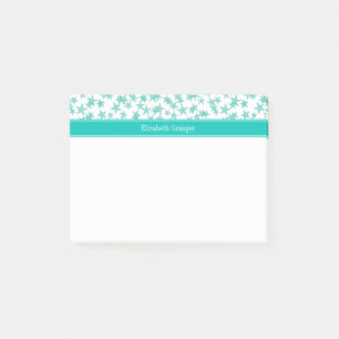 Aqua Turcos Stars White BG, Teal Namn Monogram Post-it Block