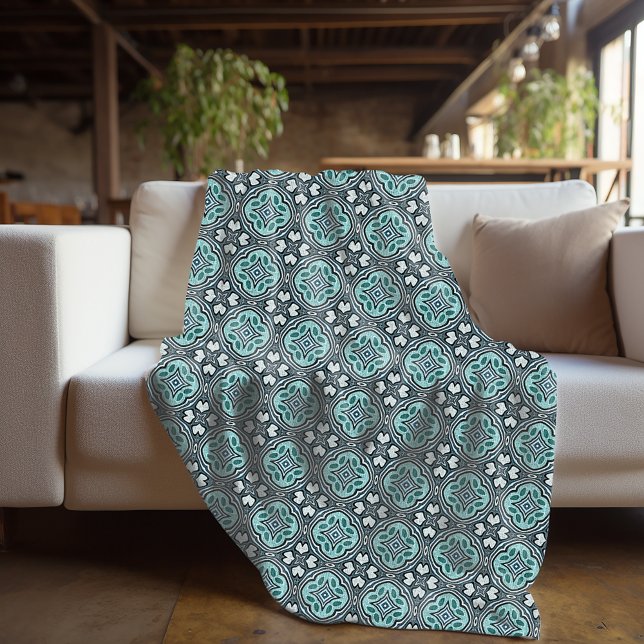 Aqua Turcos Teal Blue Grönt Bohemian Tribal Art Fleecefilt (Skapare uppladdad)