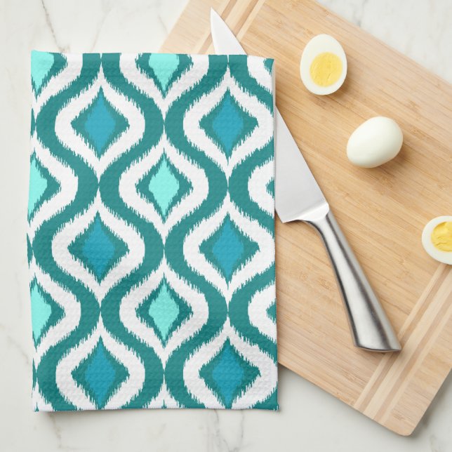 Aqua Turcos Teal Blue Grönt Ikat Art Mönster Kökshandduk (Vikt i Fjärdedel)