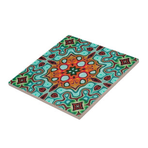 Aqua Turcos Teal Orange Brown Ethnic Tribe Art Kakelplatta