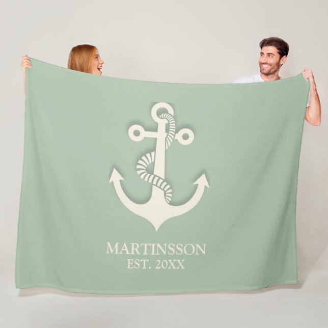 Aqua Turcos White Anchor Namn Date Nautical Fleecefilt (På plats)