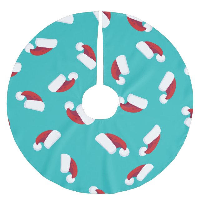 Aqua turkos klarblå och röda tomtehattar julgransmatta borstad polyester (Framsidan)