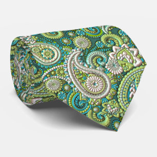 Aqua Turkos Lime Grön Paisley Blommig Mönster Slips