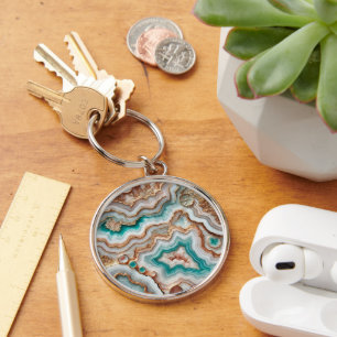 Aqua Turkos Rosa Guld Marble Rund Silverfärgad Nyckelring