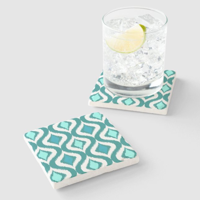 Aqua Turkos Teal Blå Grön Ikat Artmönster Stenunderlägg (Sidan)