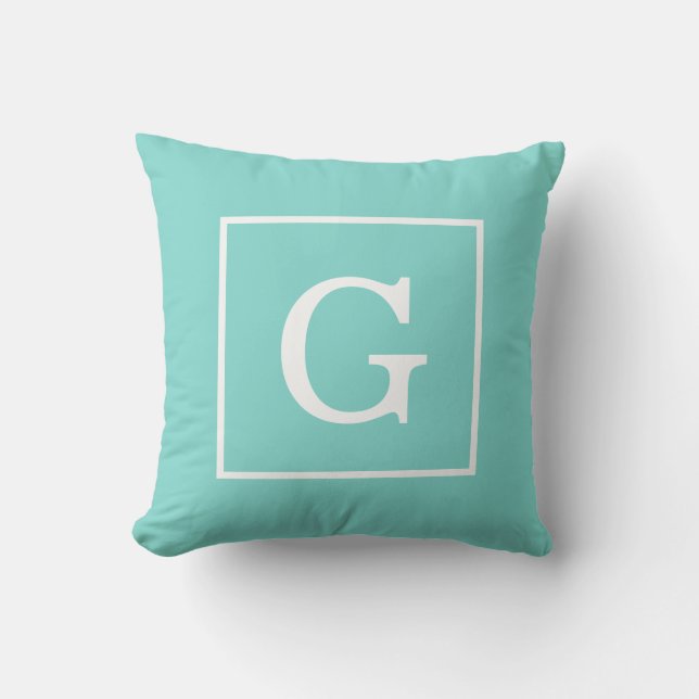 Aqua Turkos Vit Infattad Initial Monogram Kudde (Framsida)