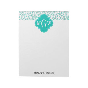 Aqua / Turq White Stars Teal Quatrefoil 3 Monogram Anteckningsblock