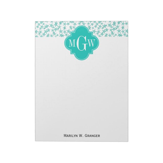 Aqua / Turq White Stars Teal Quatrefoil 3 Monogram Anteckningsblock (Roterad)