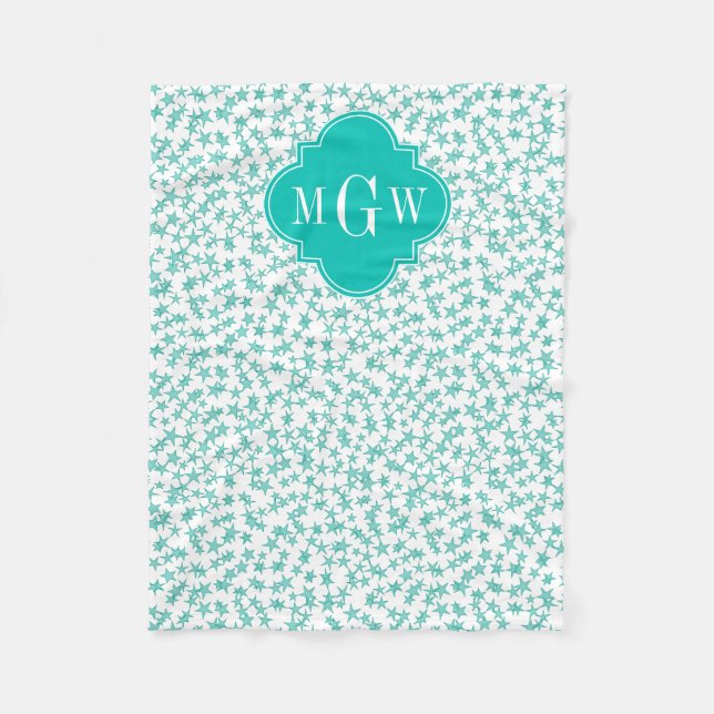 Aqua / Turq White Stars Teal Quatrefoil 3 Monogram Fleecefilt (Framsidan)