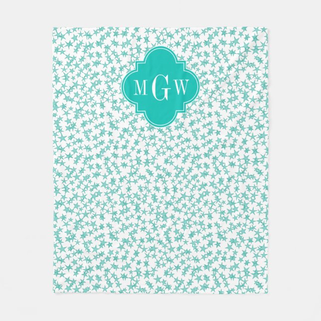 Aqua / Turq White Stars Teal Quatrefoil 3 Monogram Fleecefilt (Framsidan)