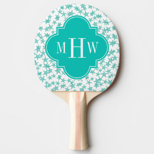 Aqua / Turq White Stars Teal Quatrefoil 3 Monogram Pingisracket