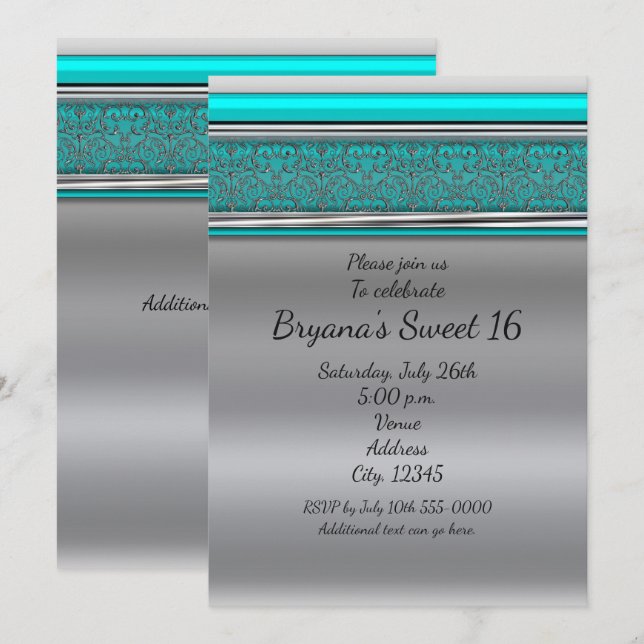 Aqua Turquoise Blå & Silver Sweet 16 Inbjudningar (Fram/baksida)