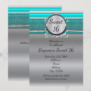 Aqua Turquoise Blå & Silver Sweet 16 Inbjudningar