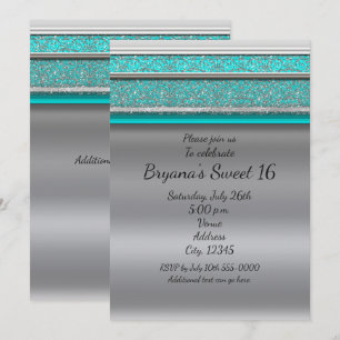Aqua Turquoise Blå & Silver Sweet 16 Inbjudningar