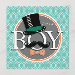 Aqua Turquoise Retro Rolig Pojke Baby Shower Inbjudningar